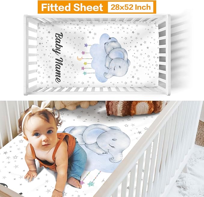 Custom Crib Bedding Set - Elephant Design Personalized Name Baby Nursery Bedding 3 Pcs Set - Chic Soft Blanket, Sheet, Pillowcase for Newborns Boys Girls Gifts Color05