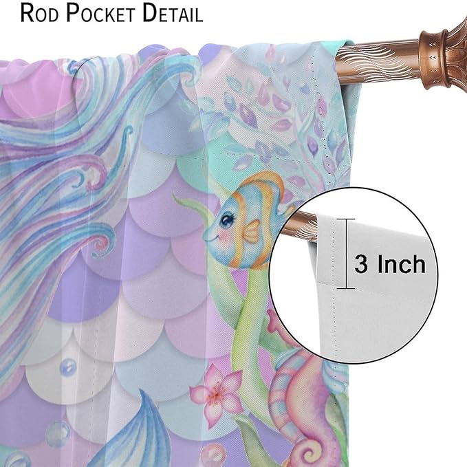 Fantasy Mermaid Curtain Dream Cartoon Marine Organisms Turtle Coral Ocean Theme Dream Blackout Window Treatment for Kids Girls Bedroom Nursery Room Decor Rod Pocket Window Drapes 63x72in