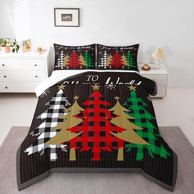 Christmas Kids Comforter Set King Size,Plaid Pine Trees Snowflake Bedding,Girls Boys Adults Bedroom/Xmas Cabin Decor,Geometric Lines Stylish Down Comforter,Rustic Colorful Duvet Insert,2 Pillowcases