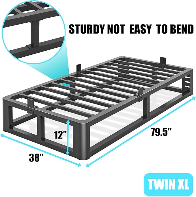 Metal Heavy Duty 12 inch Twin XL Bed Frame with Rounded Corner and Headboard Hole Mattress Retainers 3500 LBS No Box Spring Needed Platform Noise Free Easy Assembly