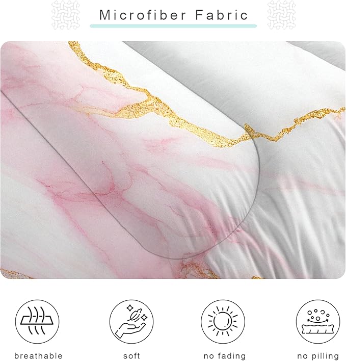 Girls Queen Comforter Set: Pink Marble Bedding Set Queen Size for Teen Girl Women Pink and Gold Abstract Marbling Bed Set Luxury Soft Quilt 1 Comforter & 2 Pillowcases