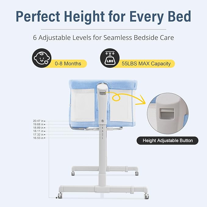 Baby Bassinet Bedside Sleeper 3-in-1, Easy Night Feeding with One-Side Fold & Rolling Wheels, Breathable Mesh, 6-Height Adjustable, Soft Mattress for Newborns