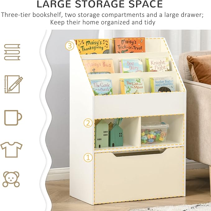 HOMCOM Kids Bookcase Multi-Shelf Rack Organizer with Storage Drawer for Books, Playroom, White