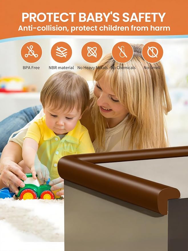 Baby Proof Edge Corner Protector, 16.4FT 0.47''Th L-Shape Furniture Corner & Edge Safety Bumper with 10 Corners, Pre-Taped, Soft NBR Rubber Foam Desk Edge Cushion Wall Corner Protector(Dark Brown)