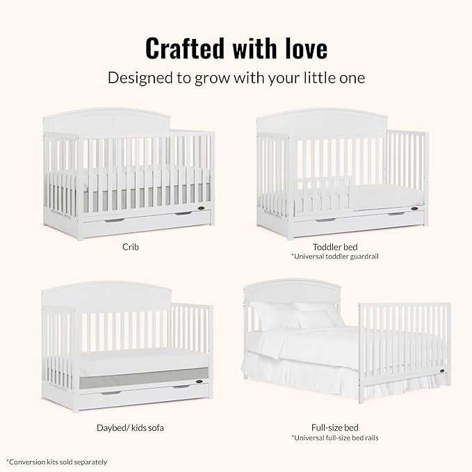 Dream On Me Storybrooke 5-in-1 Convertible Full-Size Crib with Under Drawer, Pebble Grey, GreenGuard Gold & JPMA, Convert to Toddler, Day & Full-Size Bed, 3 Mattress Heights, Sustainable Pinewood
