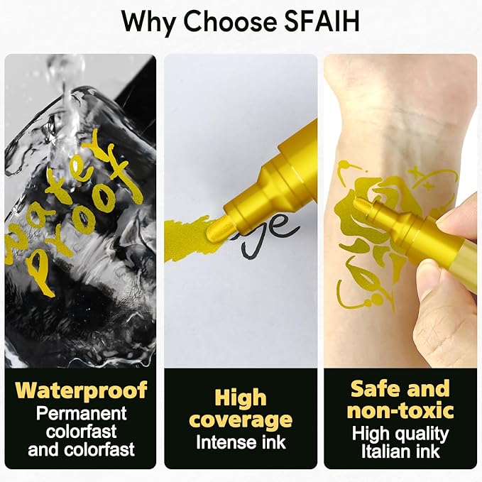 SFAIH Acrylic Gold Paint Pens - 8 Pack 2-3MM Medium Tip & 0.7MM Extra Fine Gold Markers Permanent for Rock, Wood, Metal, Fabric, Plastic, Glass, Ceramic, Diy Crafts, Large Ink Capacity, High Coverage