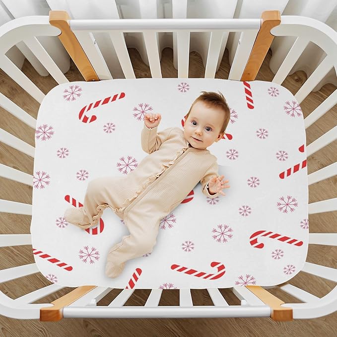 Crib Sheet, Unisex Crib Sheet, Soft and Comfortable for Standard Crib and Toddler Mattress, Christmas Cane Candy