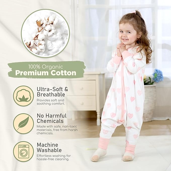 Mama Cheetah Toddler Sleep Sack with Feet, Long Sleeve 0.5 TOG Organic Cotton Baby Sleeping Bag with Legs, Wearable Blanket for Walkers w/ 2-Way Zipper, Toddler Blanket for Girls & Boys 6-18 M