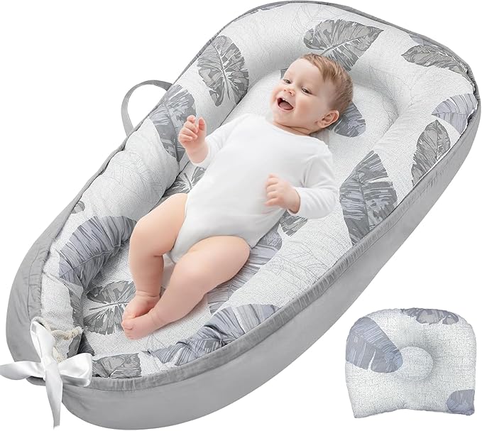 JIFTOK Baby Nests Lounger for Newborn, Snuggle Bassinet for 0-24M, Breathable Portable Co Bed, Baby Essentials Adjustable Infant Soft Cotton Loungers for Home & Travel -Leaves