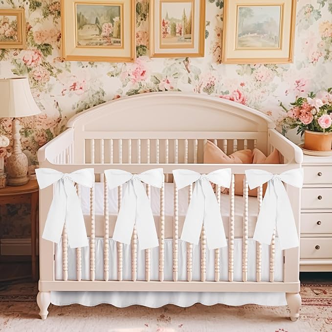 White Crib Bed Skirts with 4 Large Cot Bow 28" x 52" Baby Crib Skirt for Boys Girls Nursery Toddler Bedskirt Dust Ruffle 14" Drop(Ruffle)