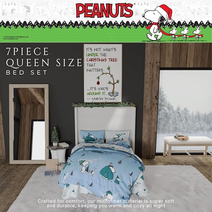 Collectibles Peanuts Snoopy Puffer Holiday & Christmas Bedding Super Soft Comforter and Sheet Set with Sham, 7 Piece Queen Size (Officially Licensed Product) by Franco