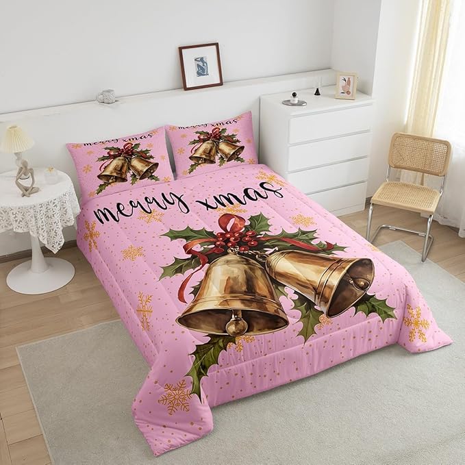Erosebridal Merry Christmas Toddler Bedding Sets Xmas Tree Comforter Sets Kids Snowflake Happy New Year Down Comforter for Boys Girls Pink Bownot Decor Bed Set