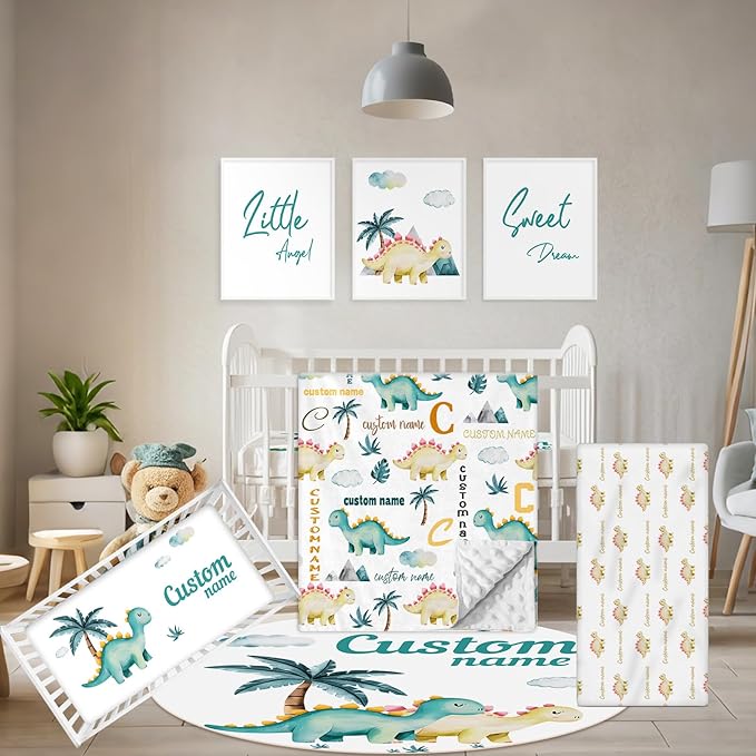 Personalized Baby Crib Set, 5 Pcs Baby Boy Crib Bedding Set, Custom Name Dinosaur Baby Crib Bedding Set Neutral, Double Layer Flannel Nursery Bedding Set, Customized Gifts for Toddler Infant
