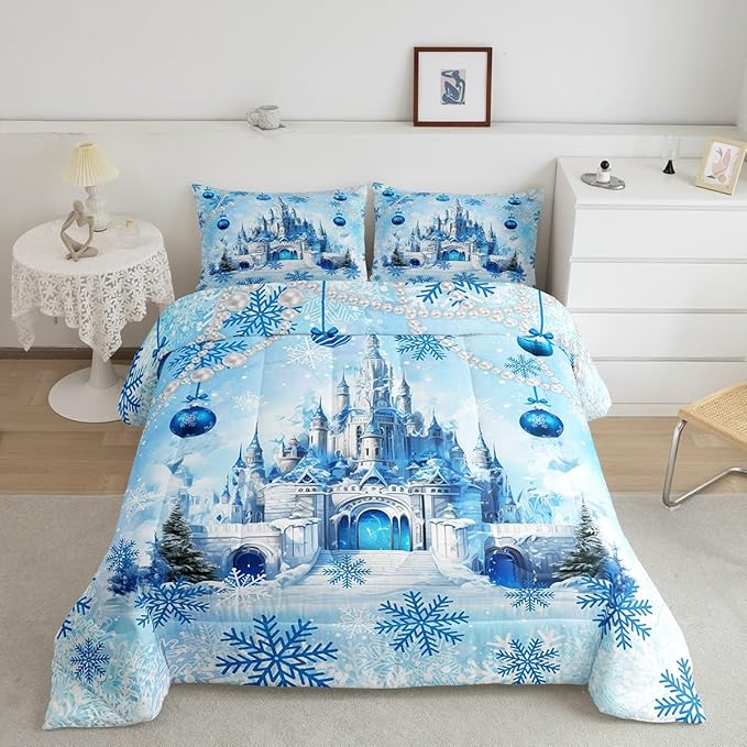 Dreamy Castle Comforter Set King Size,Princess Blue Winter Snowflakes Bedding Set All Season Quilt Set,Fairy Tale Theme Watercolor Christmas Microfiber Polyester Down Comforter