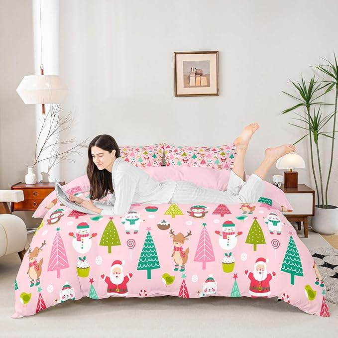 Christmas Bedding Set for Kids Boys Girls Cute Santa Claus Deer Comforter Cover Set Pink Christmas Tree Duvet Cover Bedroom Decor Kawaii Xmas Theme Bedspread Cover Queen Size Bedding Collection 3Pcs