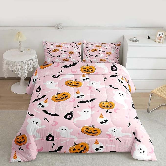 Erosebridal Pink Halloween Comforter Set Cute Ghost Bedding Set Toddler Size,Spooky Pumpkin Bat Decor Quilt for Kids Boys Girls Adults Vintage Halloween Decorations Down Comforter
