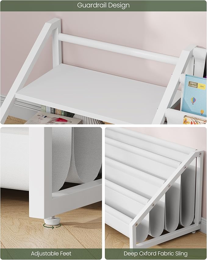 Kids Bookshelf, Book Shelf for Kids Rooms, Toddler Bookshelf with 2 Open Shelves and 4-Tier Sling Rack, for Kid Room, Nursery, Bedroom, Playroom, White TCW06WB