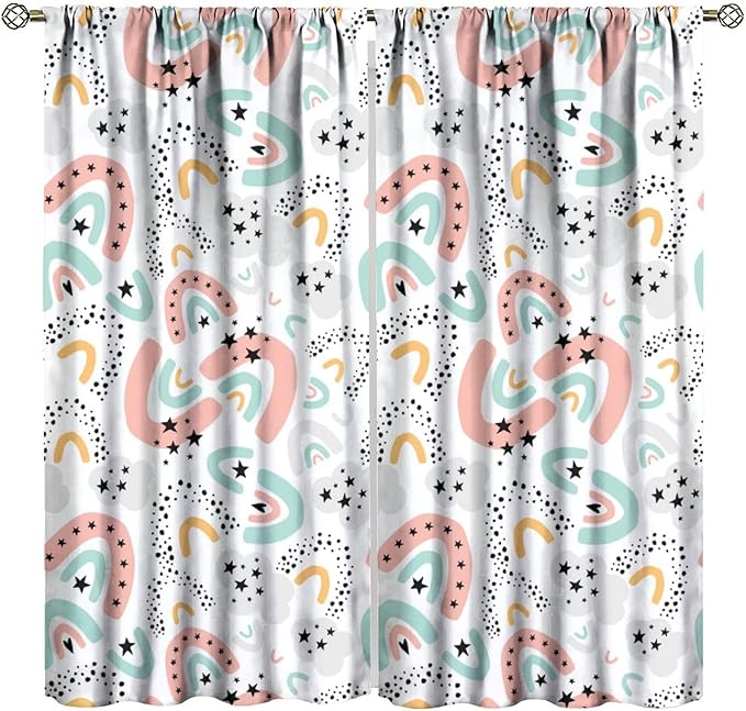 Boho Rainbow Curtains for Kids Nursery Colorful Floral Sun Star Clouds Pastel Bohemian Pattern Print Window Drapes for Girl Bedroom Living Room Kitchen Decor,2 Panel Set,72Wx63H Inch Blackout