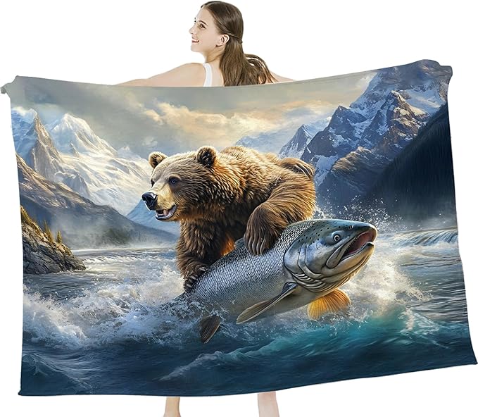 Tijuboni Bear Fish Throw Blanket Cabin Bear Gifts for Women Men Girls Boys Kids Adults Soft Flannel Fleece Blanket for Couch Sofa Bed Home Decor 60"x80"