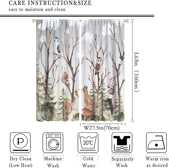 Forest Curtains, Cartoon Woodland Animals Tree Birds Moose Rabbit Mushroom Print Pattern Kids Bedroom Window Treatments Curtains 55x63in