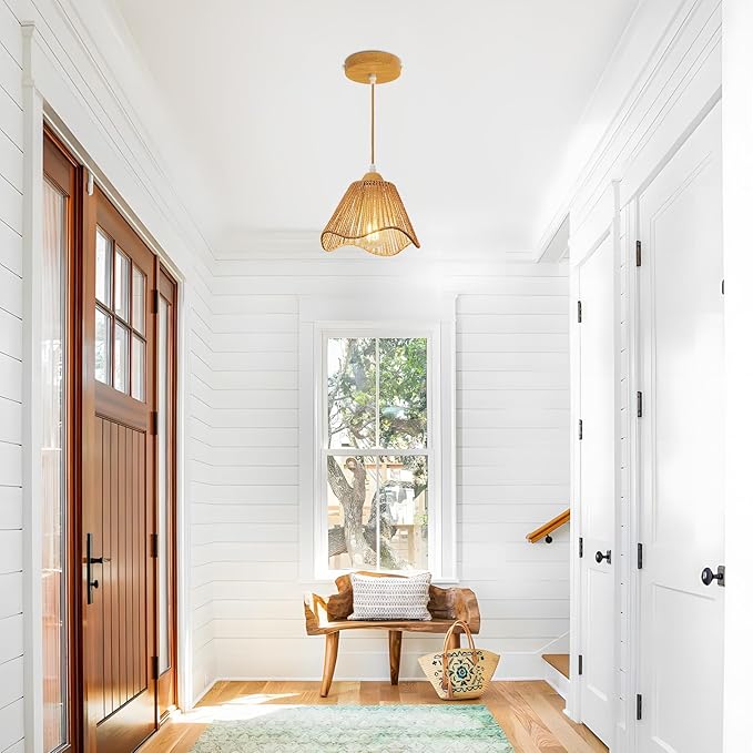 Wave Rattan Chandelier Pendant Lights Kitchen Island,Farmhouse Boho Chandeliers Adjustable Height Hanging lamp for Dining Room,Kitchen Ceiling Light Fixtures with Hand Woven Wicker Lampshade