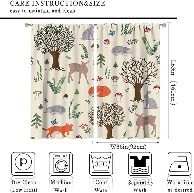 Kids Forest Animal Curtains, Rustic Cute Wild Animal Fox Deer Hedgehog Window Treatments Farmhouse Woodland Window Drapes for Girls Boys Nursery Toddler Bedroom 72x63in