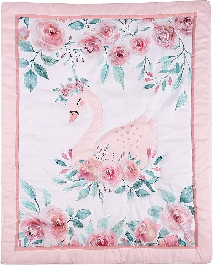 Hanbear 4 PCs Pink Floral Swan Theme Nursery Crib Bedding Set 1 Quilt 2 Fitted Sheet 1 Skirt Baby Girl Swan Themed Princess Girl Bedding Set, 28 x 52