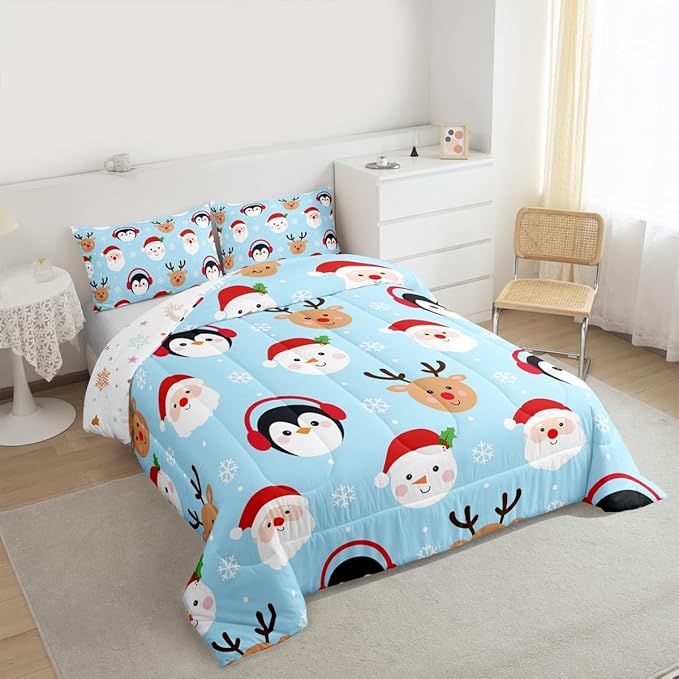 Feelyou Merry Christmas Comforter Set All Season Santa Claus Bedding Set with 1 Pillow Cases Deer Penguin Microfiber Kids Twin Bedclothes Snowman Bedroom Decor Duvet Quilt Breathable Soft Lightweight