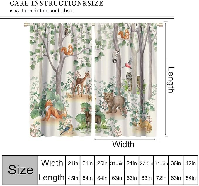 Woodland Animal Curtains, Cartoon Wild Rustic Forest Animals Pattern Blackout Window Treatments, Rod Pocket Thermal Insulated Drapes 2 Panel Sets for Kids Bedroom Nursery Classroom, 52" W X 84" L
