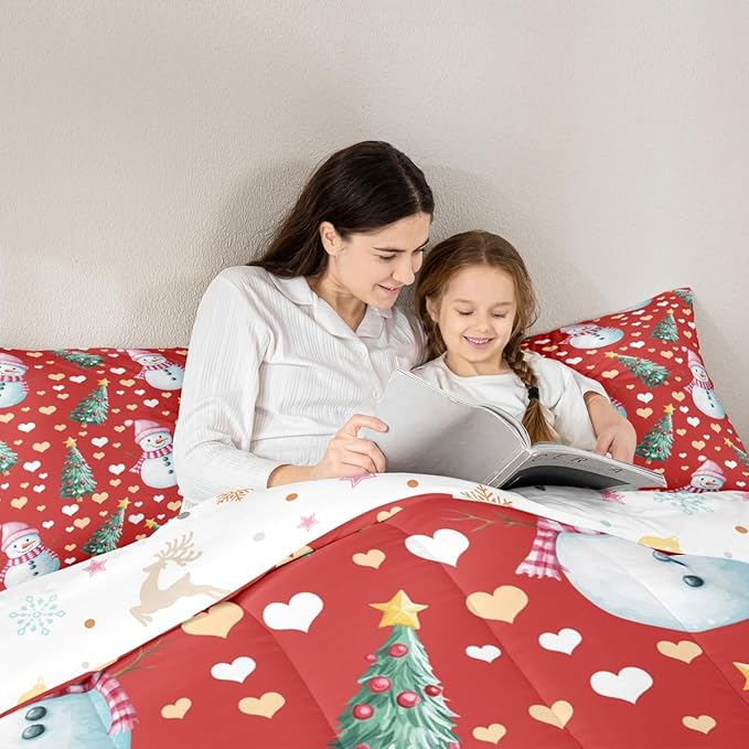 Feelyou Merry Christmas Comforter Set Toddler Size Cute Snowman Bedding Set for Kids Boys Girls Christmas Tree Duvet Quilt Love Hearts Microfiber 2 Pcs with 1 Pillow Cases