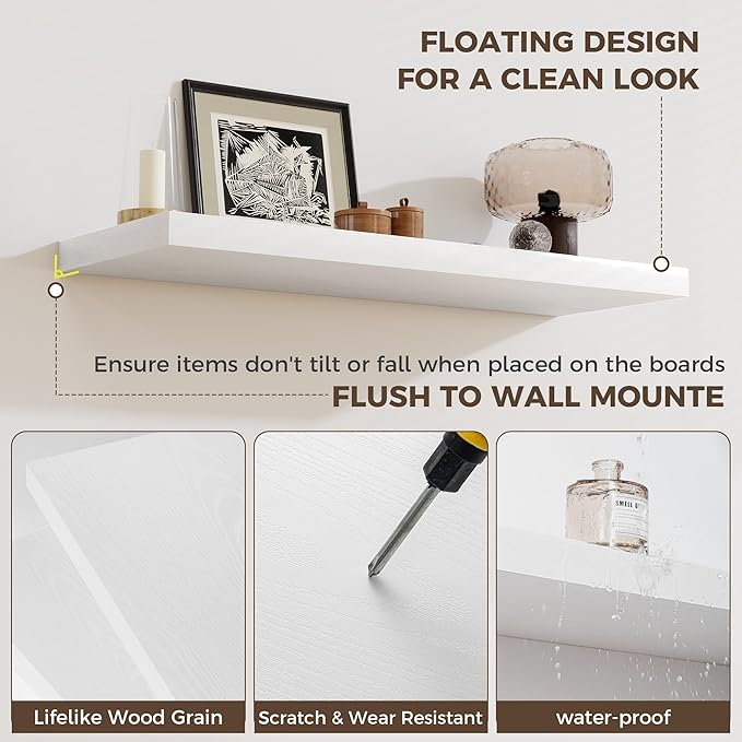 Fun Memories White Deep Floating Shelves, 72 x 12 Inch Long Wall Shelves, Large Display Shelf & Storage Shelf, Wood Floating Wall Shelves for Fireplace Mantel, Living Room, Home Office - Set of 2