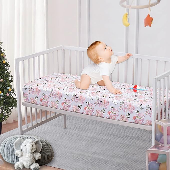 Crib Sheets Girl 2 Pack Set, 2 Pack Toddler Bed Sheets Set, Floral Print Fitted Crib Sheet for Standard Crib & Toddler Mattress, Size 28 x 52 inches, Pink N Floral