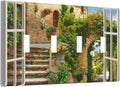 Mediterranean Greece Scene Flowers Quad Toggle Wall Plate Covers Decorative 4-Gang Wall Plates Italian Town from Another Window Electrical Switchplate for Bathroom Bedroom Kitchen Decor 4.5 X 8 In
