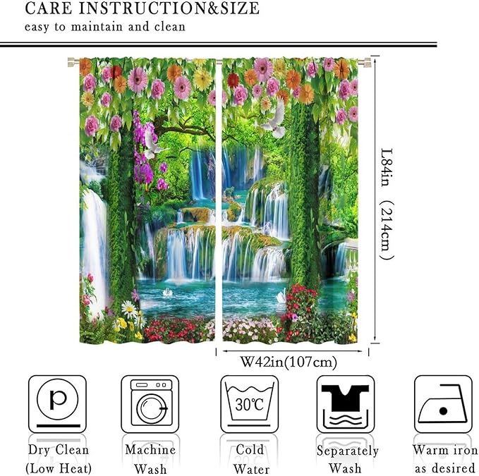 Jungle Nature Blackout Window Curtains, Trees Scenic Waterfall and River Spring Pattern Print Window Drapes, for Living Room Bedroom 84x84in