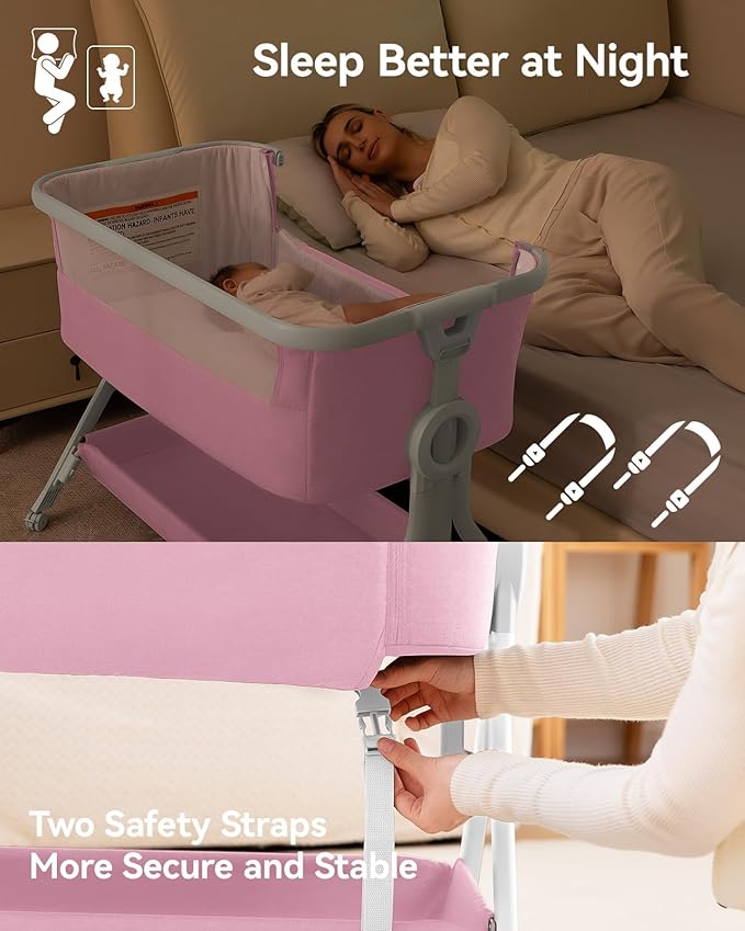 Larex Baby Bassinet, Baby Bassinet Bedside Sleeper with Storage Basket and Wheels, Height Adjustable Portable Crib for Newborn Infant, Easy Assemble and Folding(Pink)