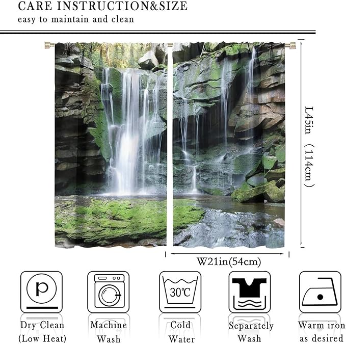 Forest Waterfall Blackout Windows Curtains, Rocky Waterfall to Pond Running Off Scenic Nature Themed Picture Print Curtains, for Living Room Bedroom 42x45in 2 Panels