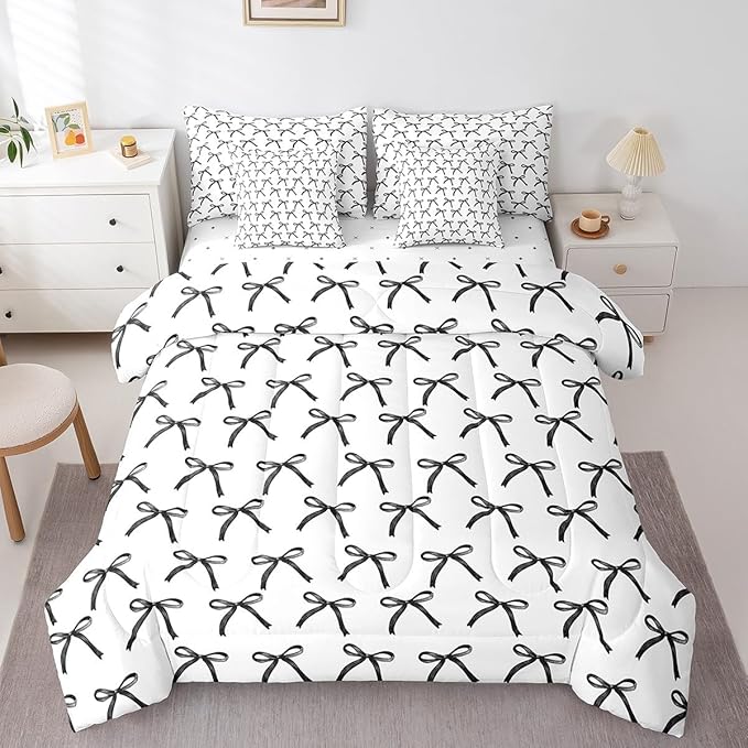 7 Pieces Cartoon Bowknot Kids Comforter Queen Size,Bow Tie Geometric Patchwork Modern Girls Bedding Set,Bow Butterfly Knot Black White（Comforter+Fitted+Flat+2 Pillowcases+2 Throw Pillow Covers）