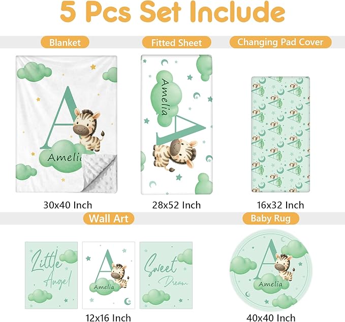 Custom Crib Bedding Set, 5 Pcs Personalized Name Baby Crib Sets for Newborns Infants Toddlers, Green Zebra Nursery Bedding Set for Boys Girls, Double Layer Baby Bedding Sets Customized Gifts
