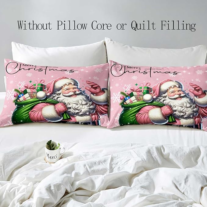 LUVIVIHOME 2PCS Pink Santa Claus Duvet Cover Twin, Christmas Bedding Sets, Pink Duvet Cover, Kids Girls Bedding, Snowflake Holiday Xmas Gifts Christmas Comforter Bedspread Quilt Cover, 1 Pillow Sham
