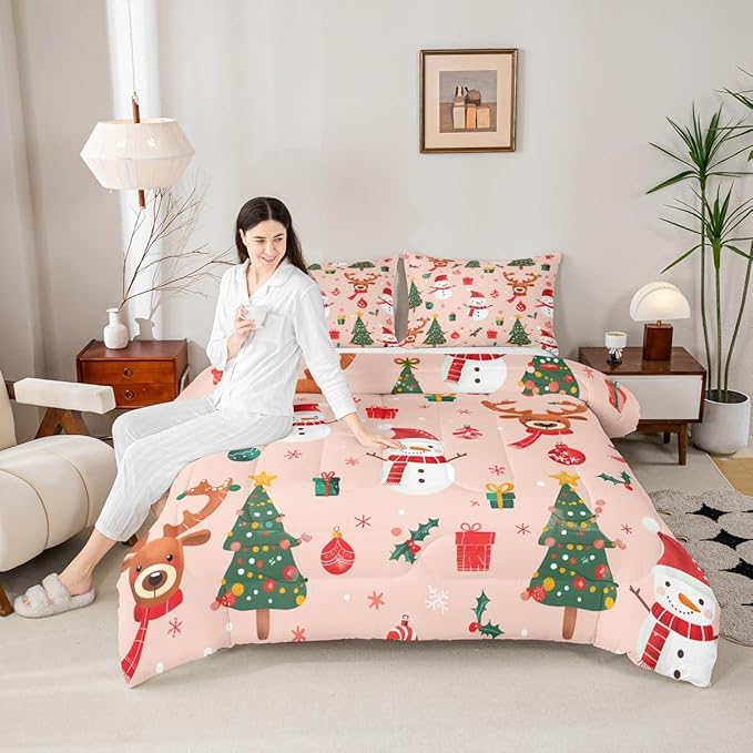 Feelyou Christmas Comforter Set Twin Size Snowman Bedding Set for Kids Boys Girls Deer Xmas Tree Duvet Quilt New Year Gift Bedroom Decor Snowflake Microfiber 2 Pcs with 1 Pillow Cases