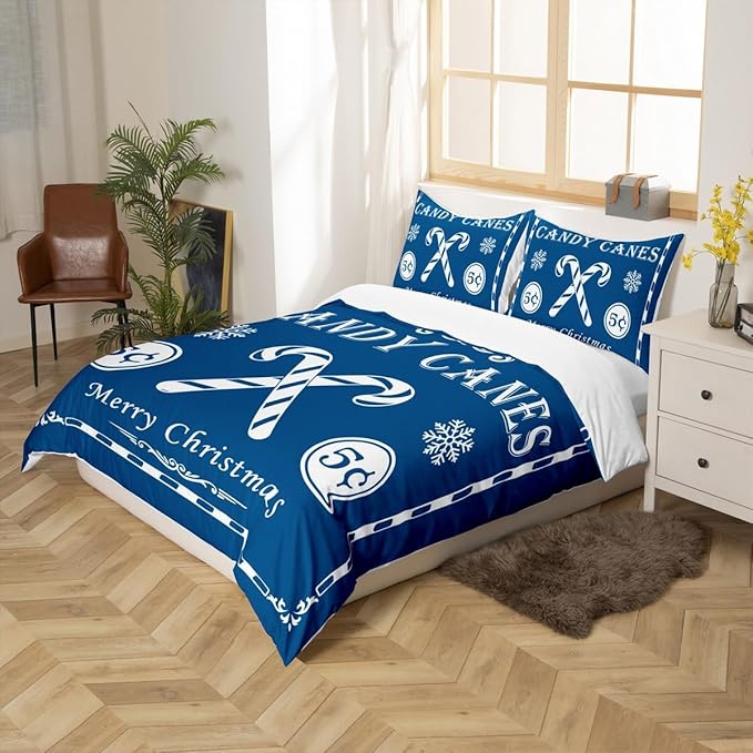 jejeloiu Christmas Bedding Set King Size Kids Christmas Quote Comforter Cover Set for Boys Girls Teens Candy Canes Print Duvet Cover Xmas Bedspread Cover Room Decorations Blue Quilt Cover