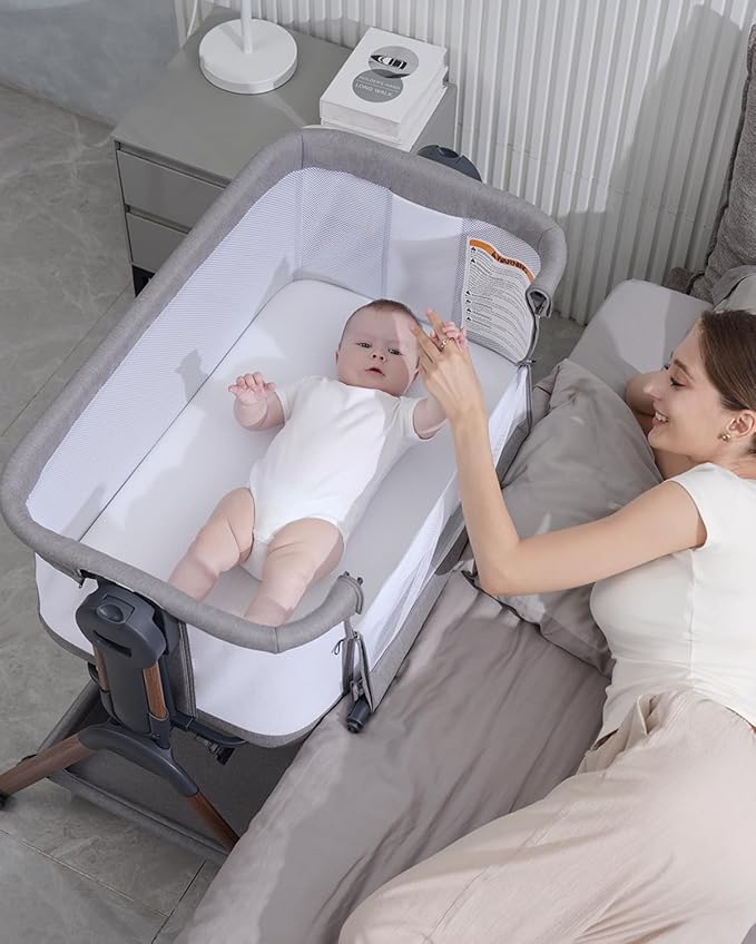 Baby Bassinet - Bassinet Bedside Sleeper,3-in-1 Bedside Bassinets for Baby,Rocking Bassinet with Mattress,Wheels,All Mesh Sides& Storage,6 Height Adjustable Crib,ASTM Certified(Mesh Grey)