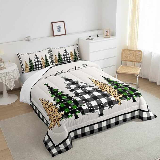 Merry Christmas Kids Comforter Set King Size,Leopard Plaids Pines Trees Bedding,Girls Boys Adults Bedroom/Xmas Cabin Decor,Geometric Grids Retro Down Comforter,Rustic Duvet Insert,2 Pillowcases