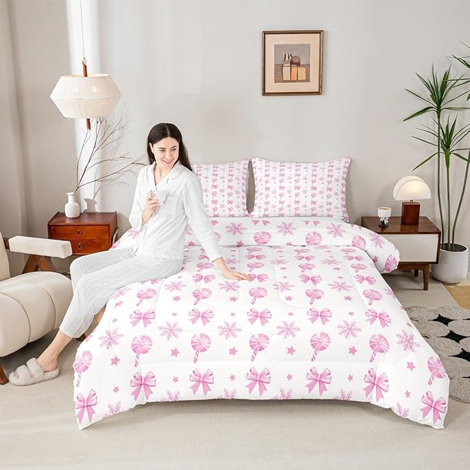 Feelyou Pink Christmas Bedding Set Soft for Boys Girls, Bow Candy Comforter Set King Size Star Snowflake Duvet Quilt Microfiber Bedroom Decor 3 Pcs with 2 Pillow Cases