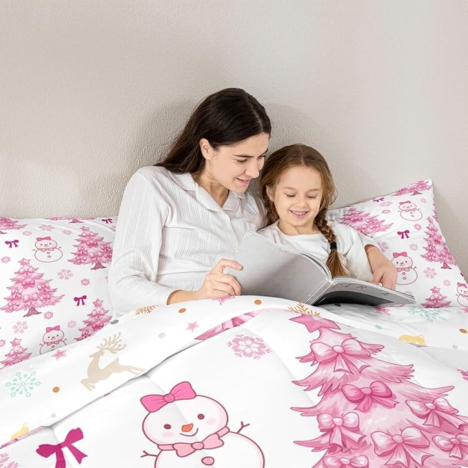 Feelyou Merry Christmas Kids Comforter Set Full Size Cute Snowman Bedding Set Cartoon Bowknot Duvet Quilt for Kids Boys Girls Bedroom Christmas Tree Decor Microfiber Ultra Soft Breathable