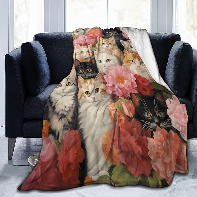 Cute Cat Blanket Gifts for Cat Lovers Girls Women Kitten Floral Flannel Throw Blankets for Home Couch Bed Sofa Soft Fuzzy Lightweight Decor All Season 50x40 Inches