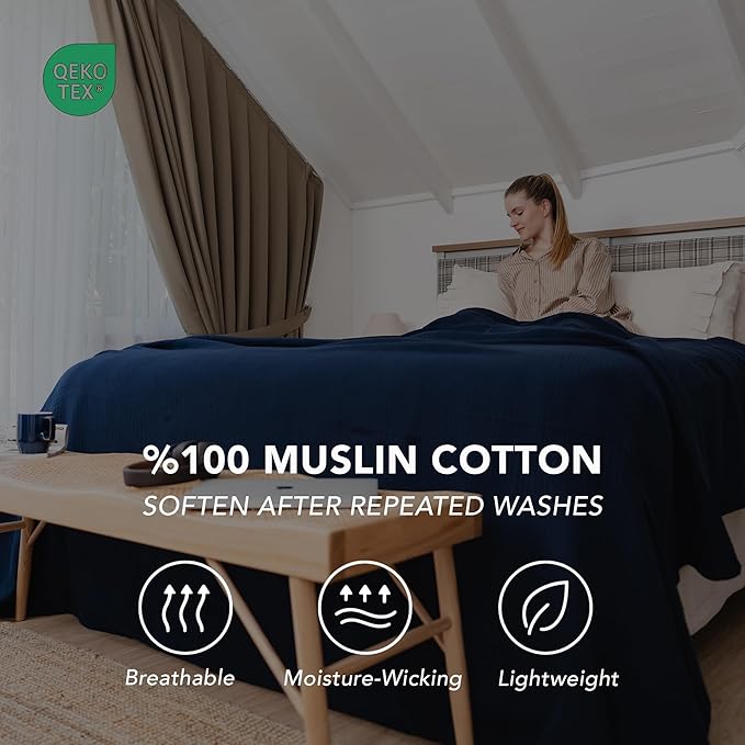 Goqan Muslin Blanket Queen 79x90 – 100% Cotton 4 Layer Boho Muslin Blanket for Adults, Lightweight, Soft, Breathable for Bed, Couch - Navy