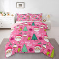 Feelyou Pink Merry Christmas Comforter Set All Season Santa Claus Bedding Set with 1 Pillow Cases Xmas Microfiber Kids Twin Bedclothes Happy New Year Bedroom Decor Duvet Quilt Soft Lightweight