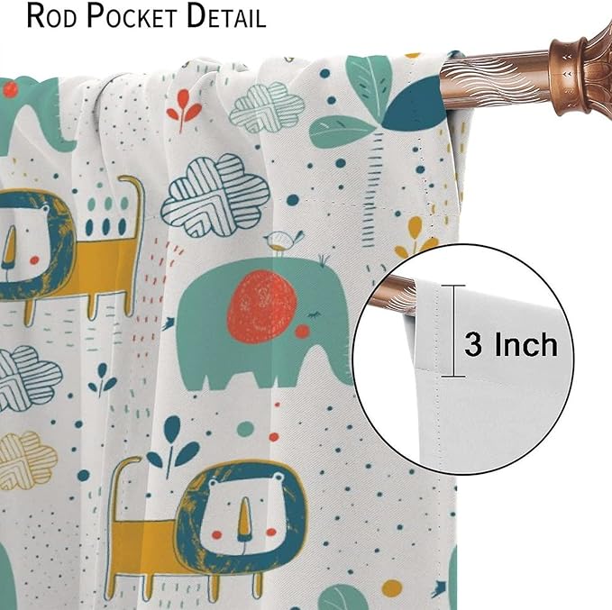 Cute Lions Blackout Curtains for Kids Bedroom,Cartoon Tropical Plants Birds Elephants Print Pattern Window Drapes,Funny Animal Thermal Insulation Curtain for Nursery Baby Room 63x63in