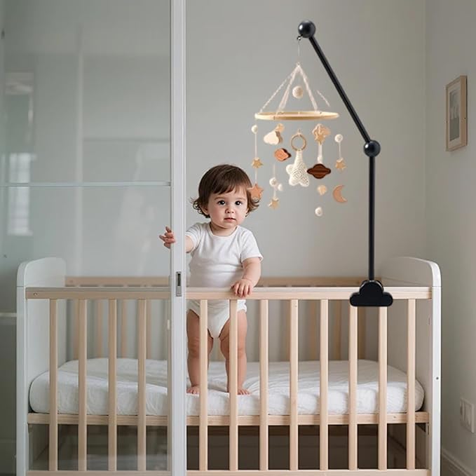Mobile Arm for Crib Baby Crib Mobile Arm 27.2in Height Wooden Cloud Cot with Adjustable Anti Slip Attachment Clamp Cot Bed Bell Wind Chimes Hanger Bracket